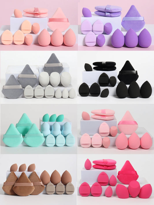 A 12 Piece Set of Versatile Makeup Sponges, Consisting of 3 Loose Powder Puffs, 3 Mini Cushion Powder Puffs, 3 Beauty Eggs, and